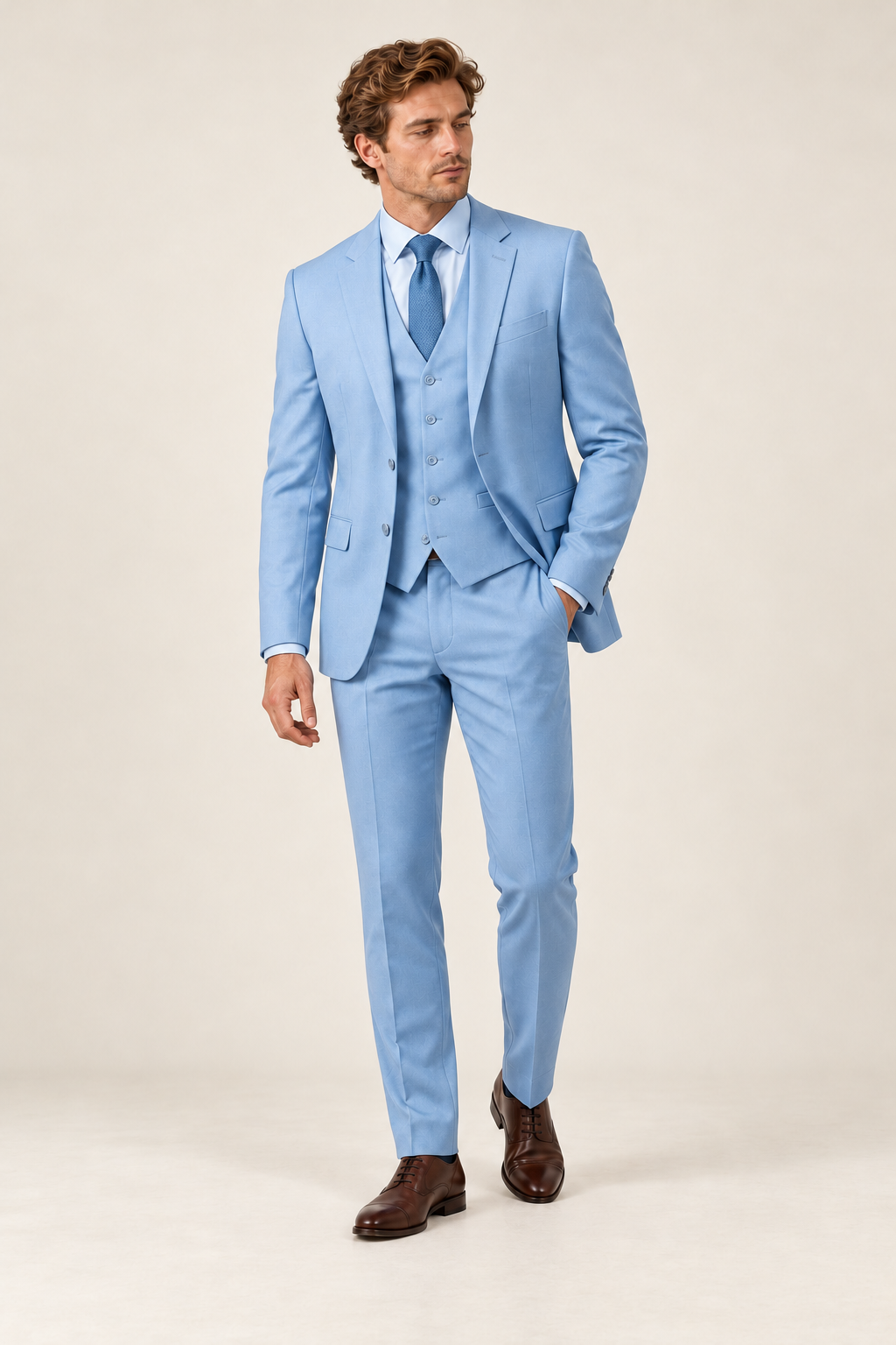 Fato de homem de três peças com calças slim — Azul-claro, vista de frente