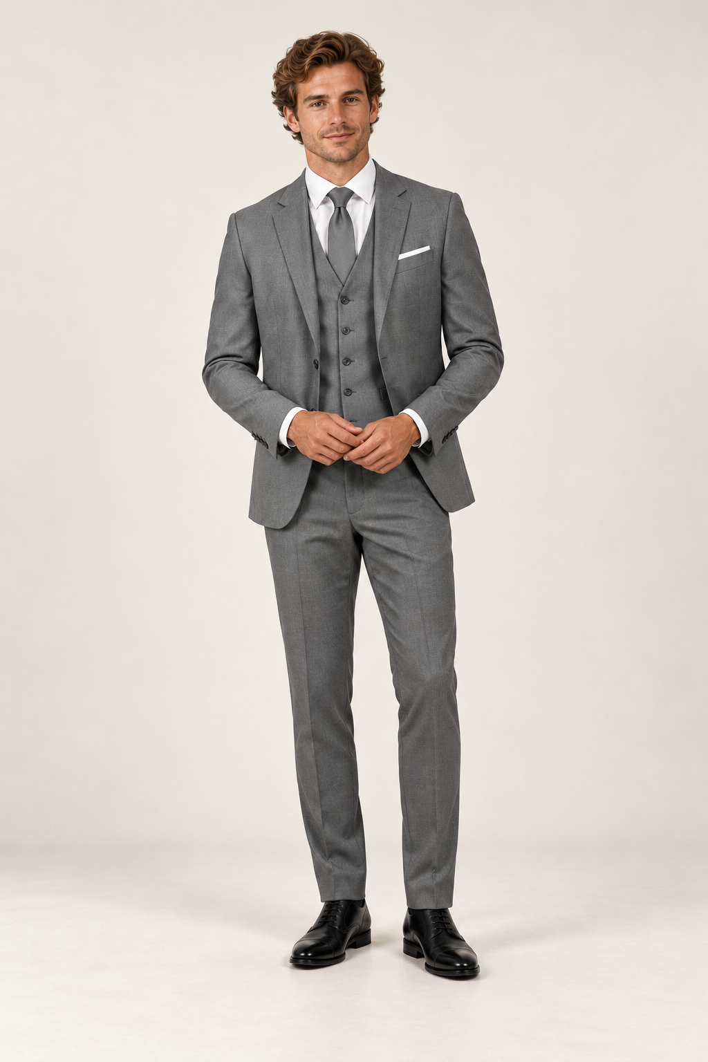 Fato de homem de três peças com calças slim — Cinzento, vista de frente