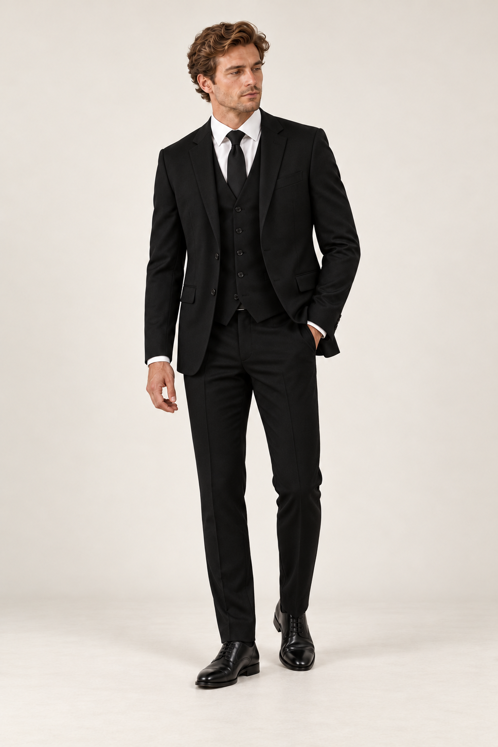 Fato de homem de três peças com calças slim — Preto, vista de frente