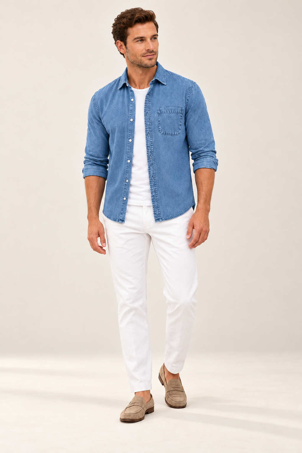 Camisa casual de homem com efeito lavado e bolso — Azul, vista de frente