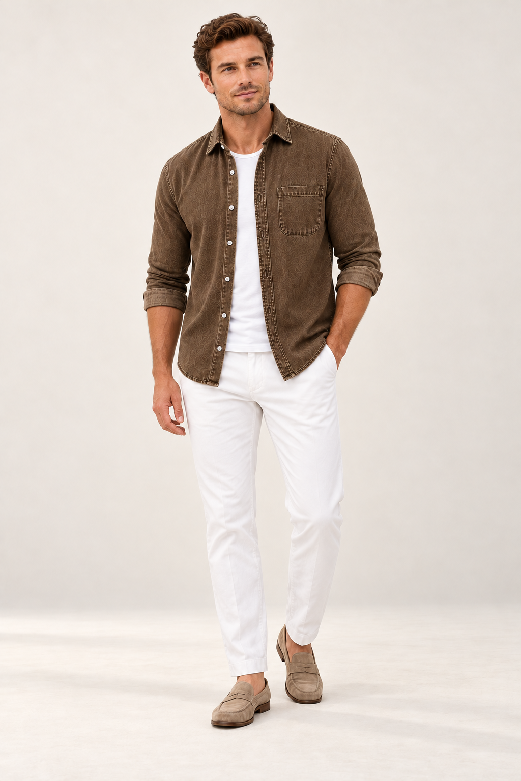 Camisa casual de homem com efeito lavado e bolso — Castanho-escuro, vista de frente