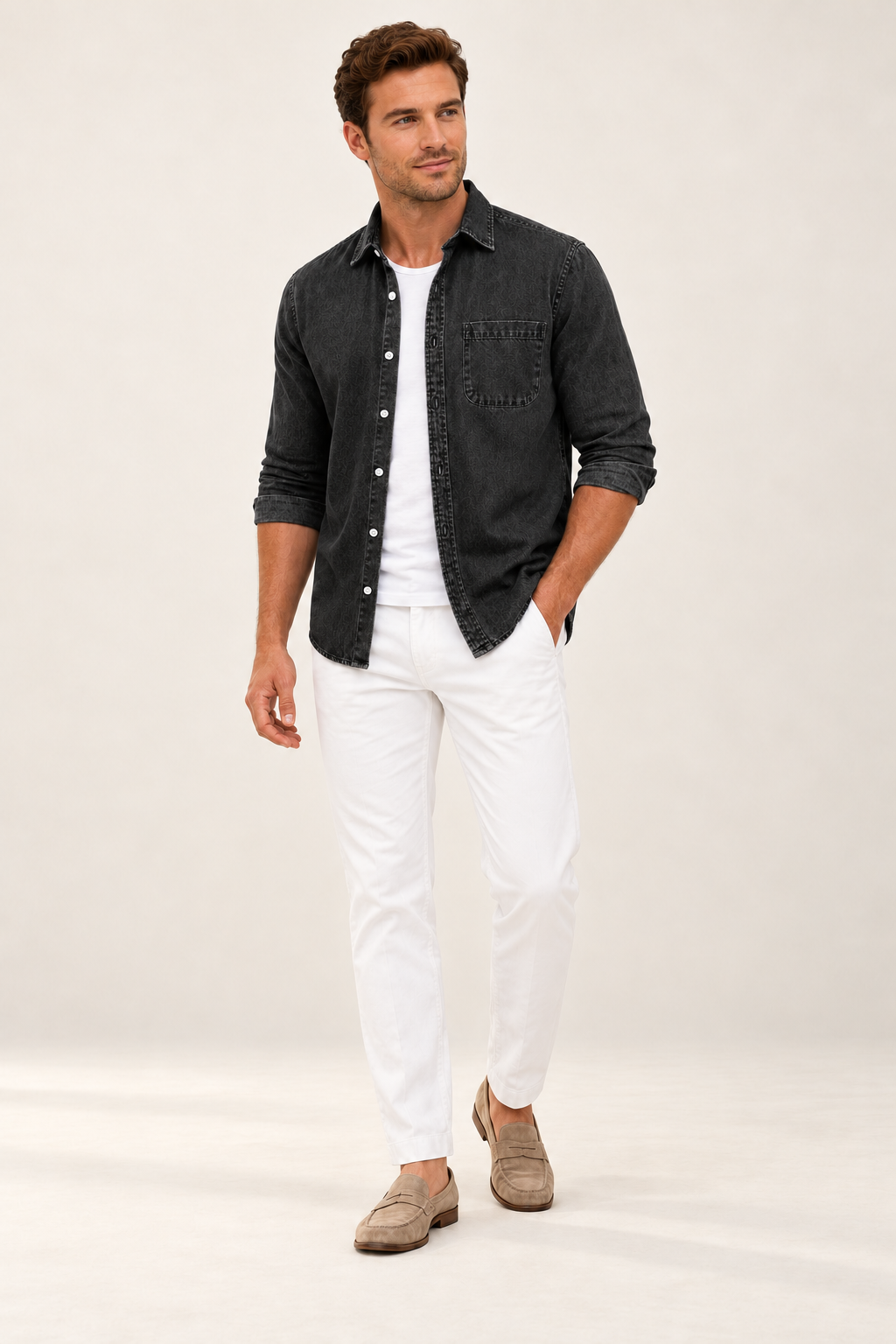 Camisa casual de homem com efeito lavado e bolso — Preto, vista de frente