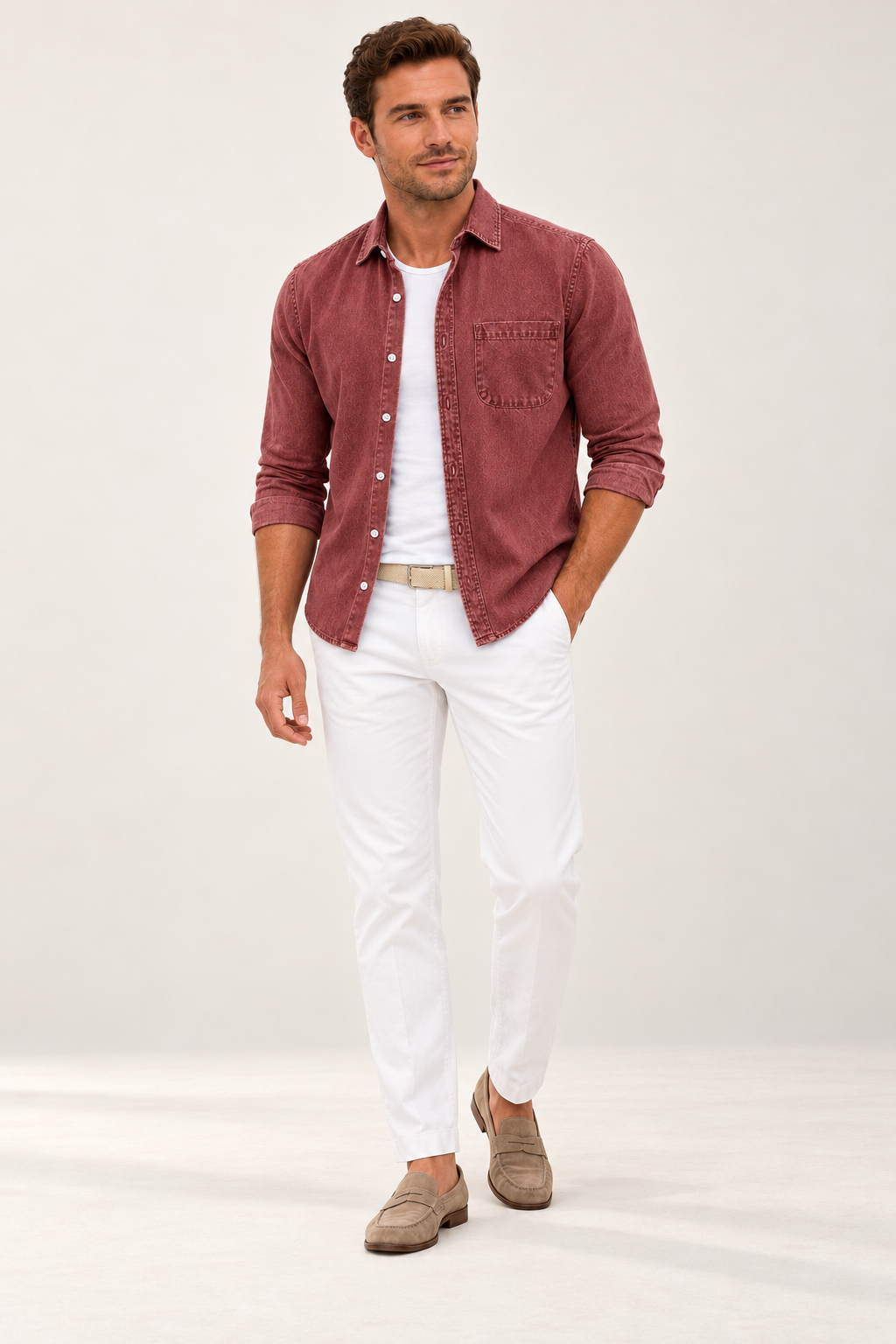 Camisa casual de homem com efeito lavado e bolso — Vermelho, vista de frente