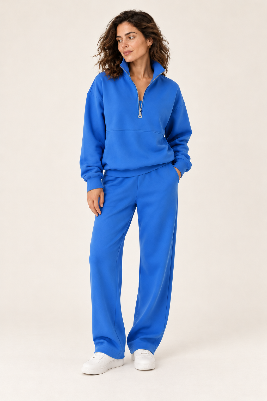 Fato de treino de mulher com gola com fecho e corte oversize — Azul, vista de frente