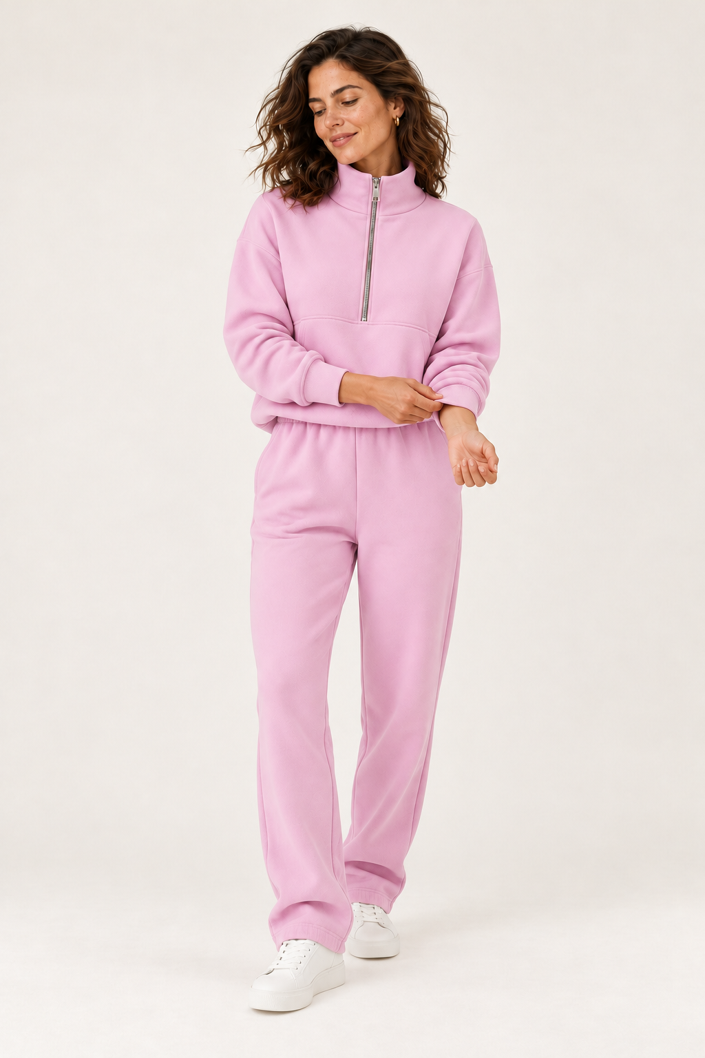 Fato de treino de mulher com gola com fecho e corte oversize — Rosa, vista de frente