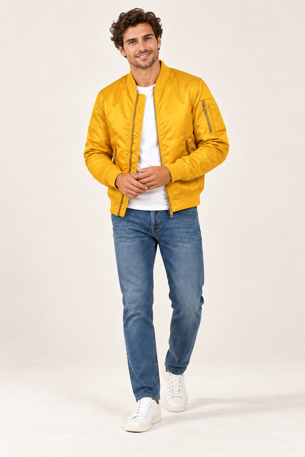 Casaco bomber de homem com fechos dourados — Amarelo, vista de frente