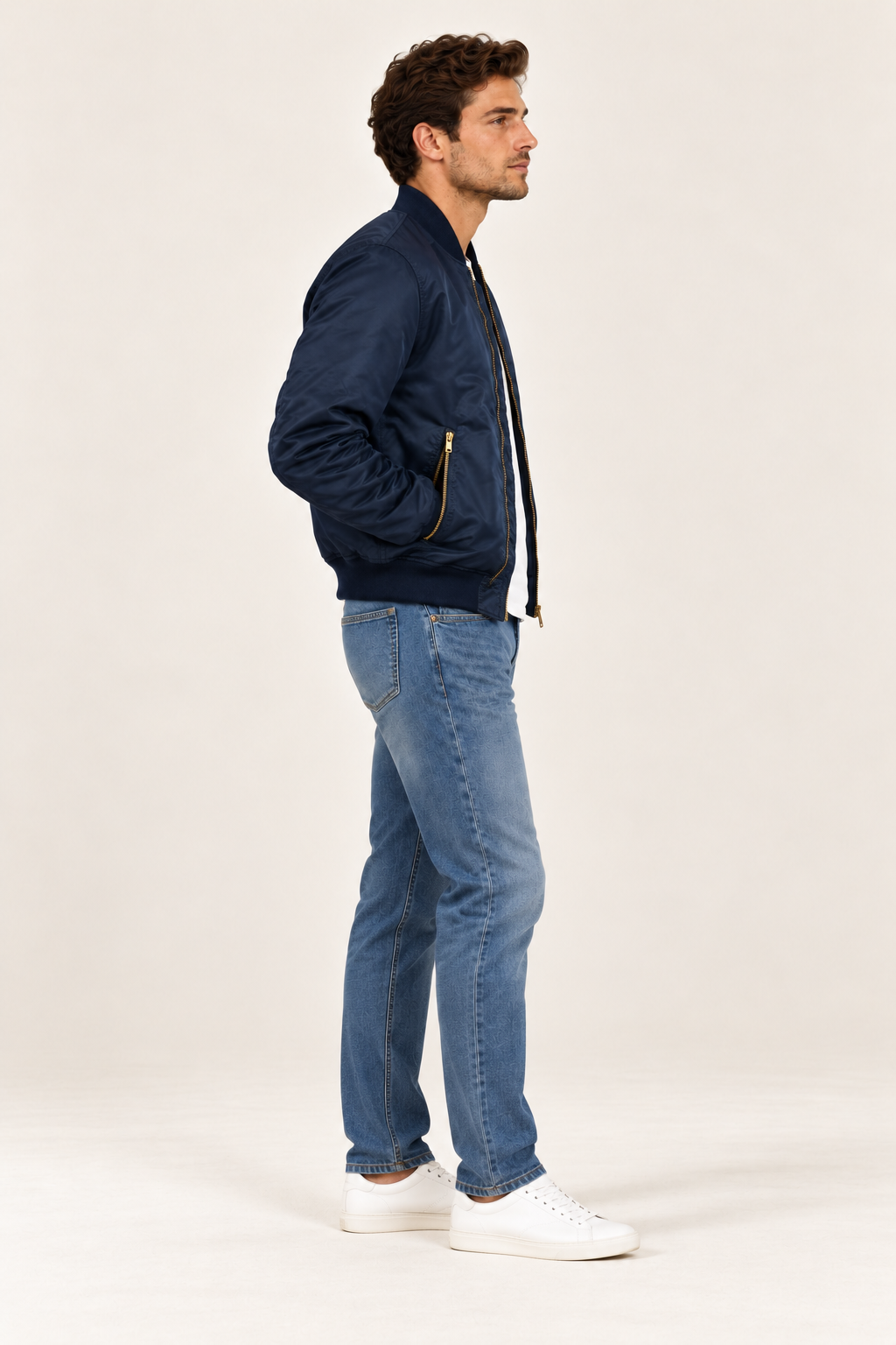 Casaco bomber de homem com fechos dourados — Azul-marinho, vista lateral