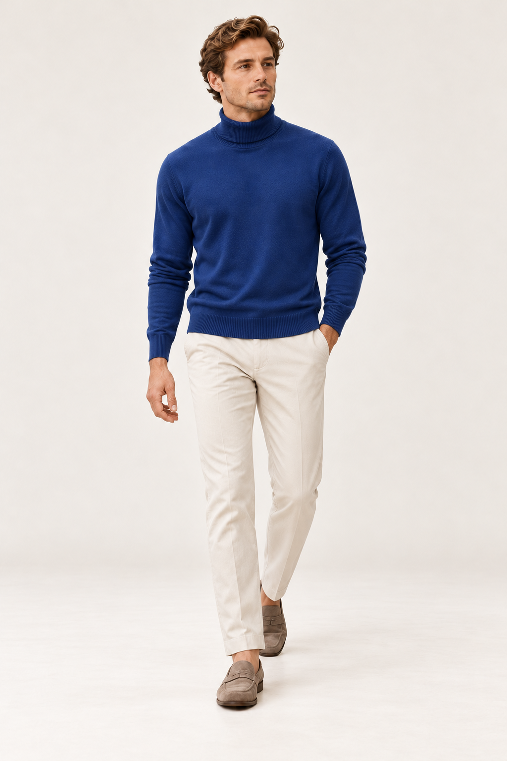 Camisola de homem de gola enrolada com corte ajustado — Azul-marinho, vista de frente