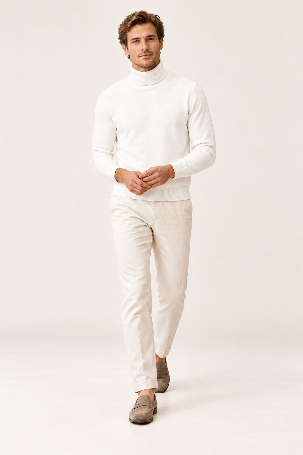 Camisola de homem de gola enrolada com corte ajustado — Branco, vista de frente