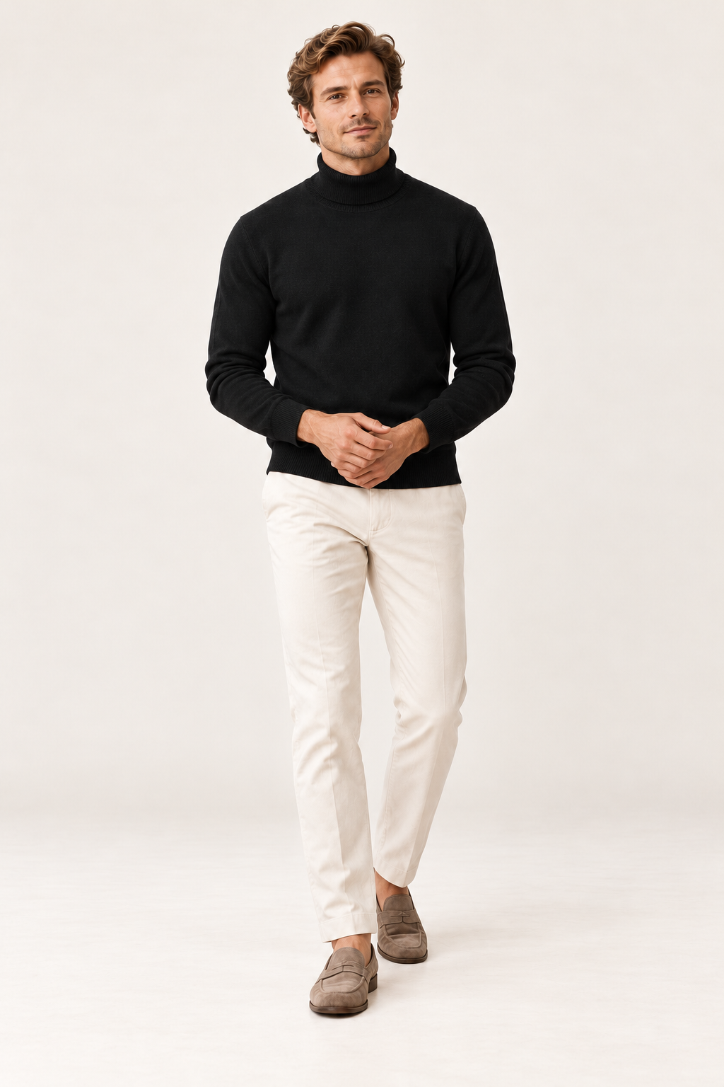 Camisola de homem de gola enrolada com corte ajustado — Preto, vista de frente