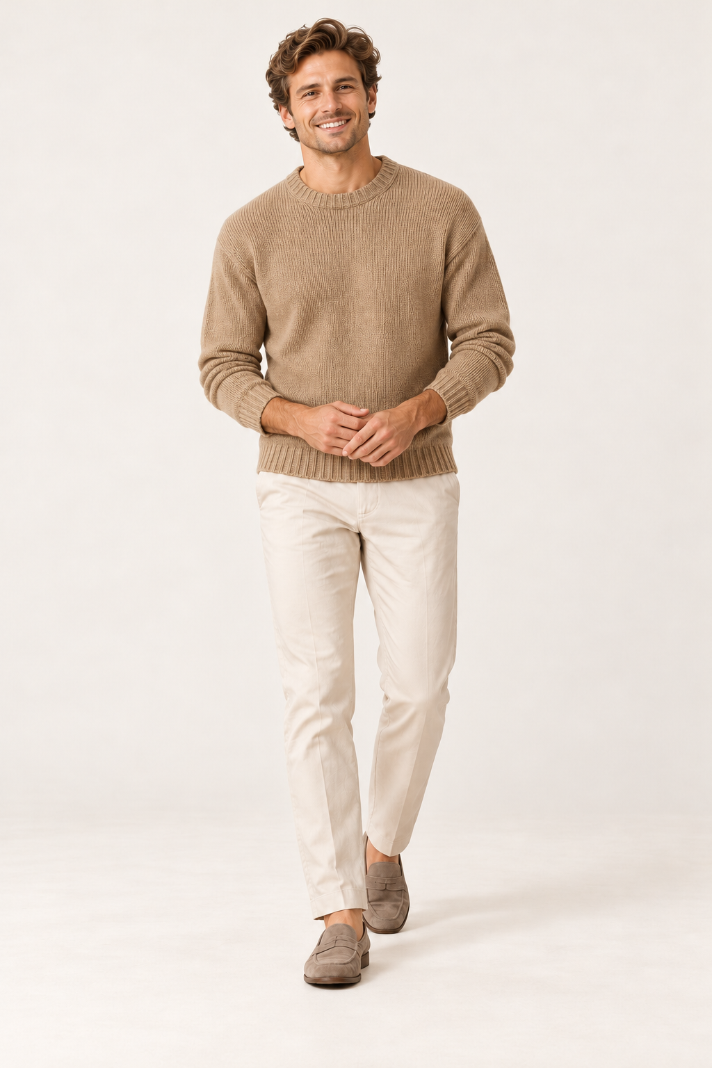 Camisola de homem de gola redonda com corte direito — Bege, vista de frente