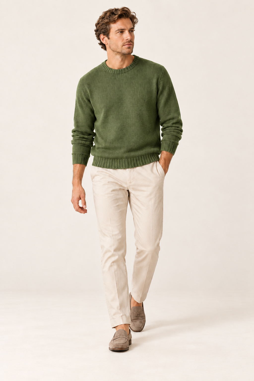 Camisola de homem de gola redonda com corte direito — Verde, vista de frente