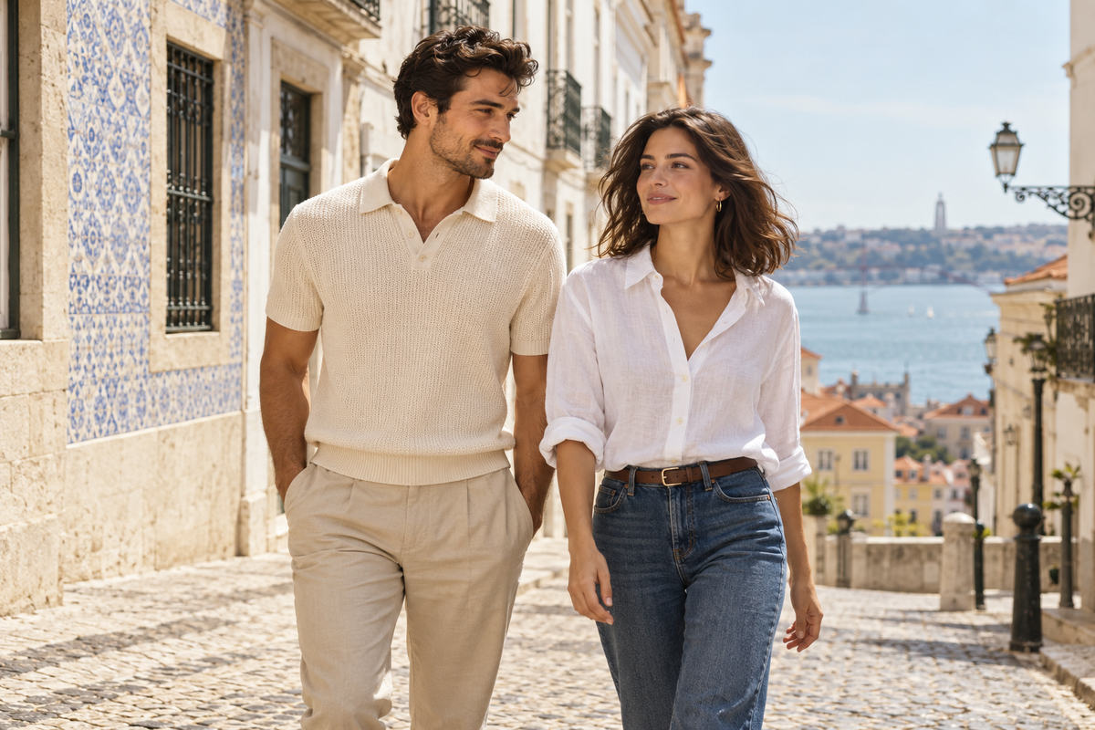 Campanha ELVOR: estilo casual numa rua de inspiração portuguesa. Imagem gerada por IA.
