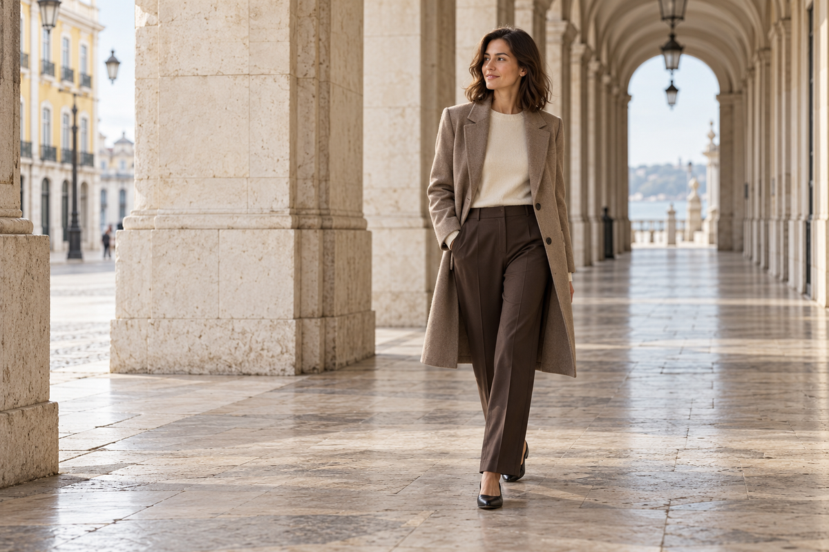 Inspiração de estilo ELVOR para mulher em tons neutros.